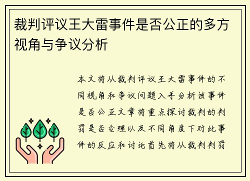 裁判评议王大雷事件是否公正的多方视角与争议分析