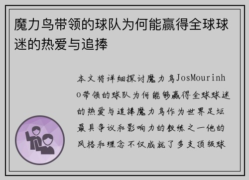 魔力鸟带领的球队为何能赢得全球球迷的热爱与追捧